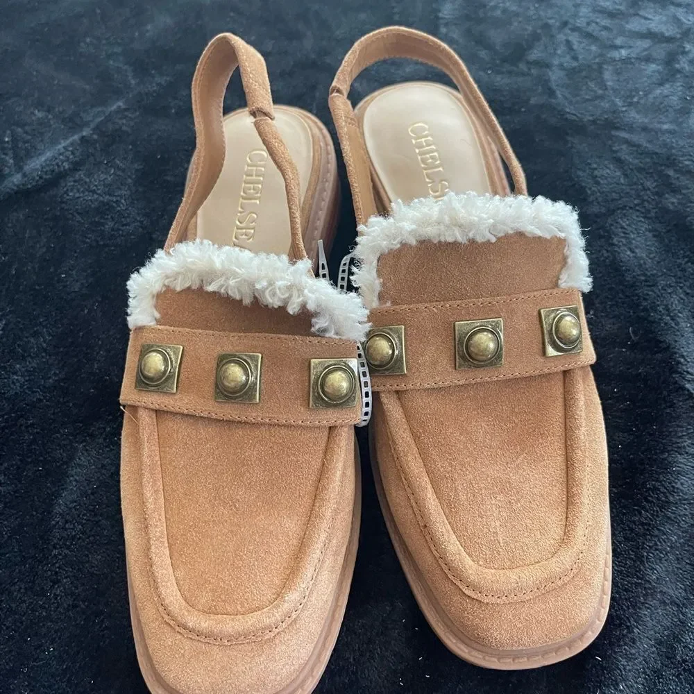 Chelsea & Violet tan suede sling‎ back mules, new without tags, size 7